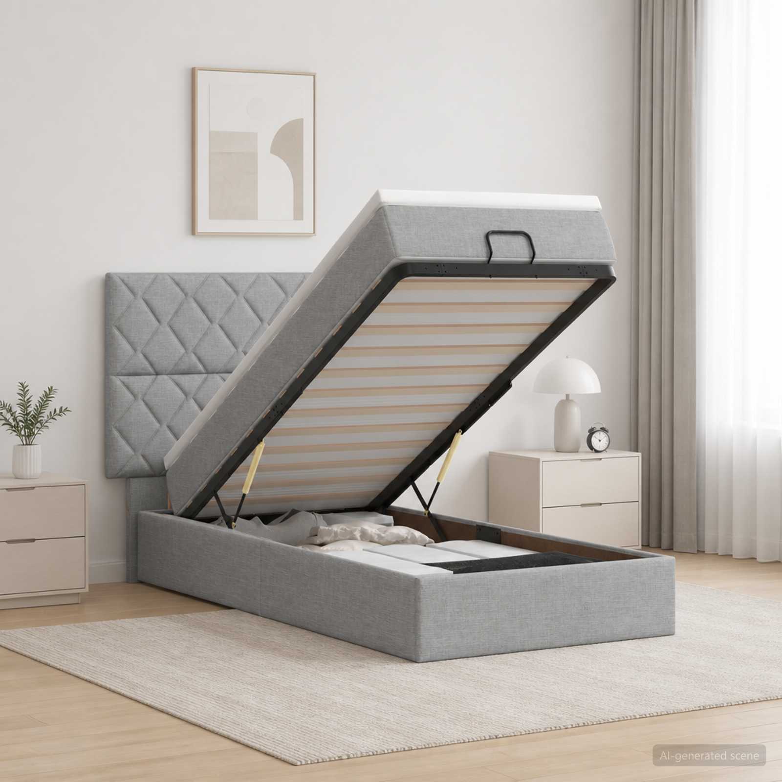 Lit ottoman avec matelas Gris clair 90 x 200 cm Tissu - XIOS