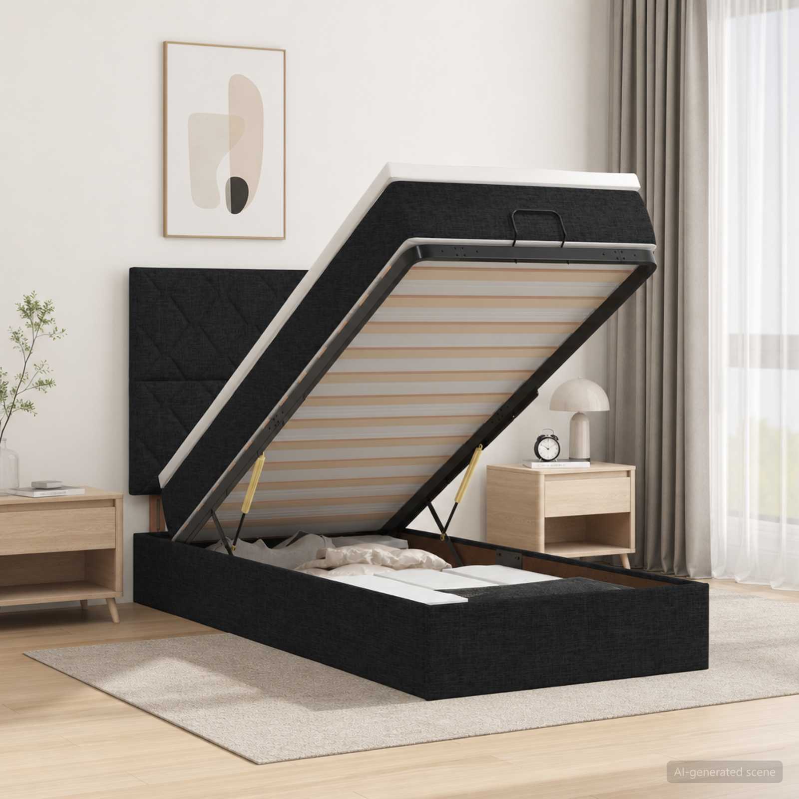 Lit coffre avec matelas et LED Noir 90 x 200 cm Tissu