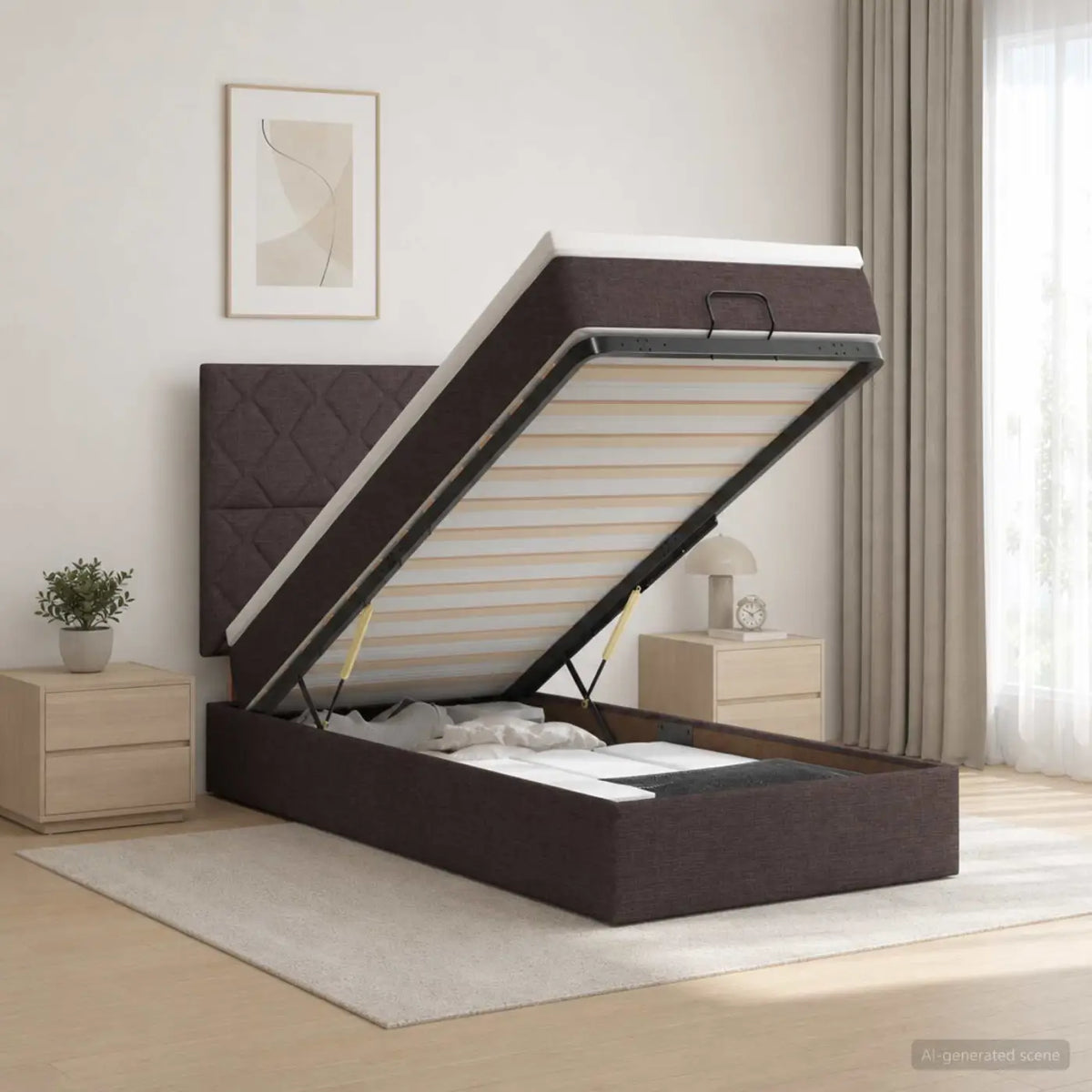 Lit coffre avec matelas et LED Marron foncé 90 x 190 cm Tissu - XIOS