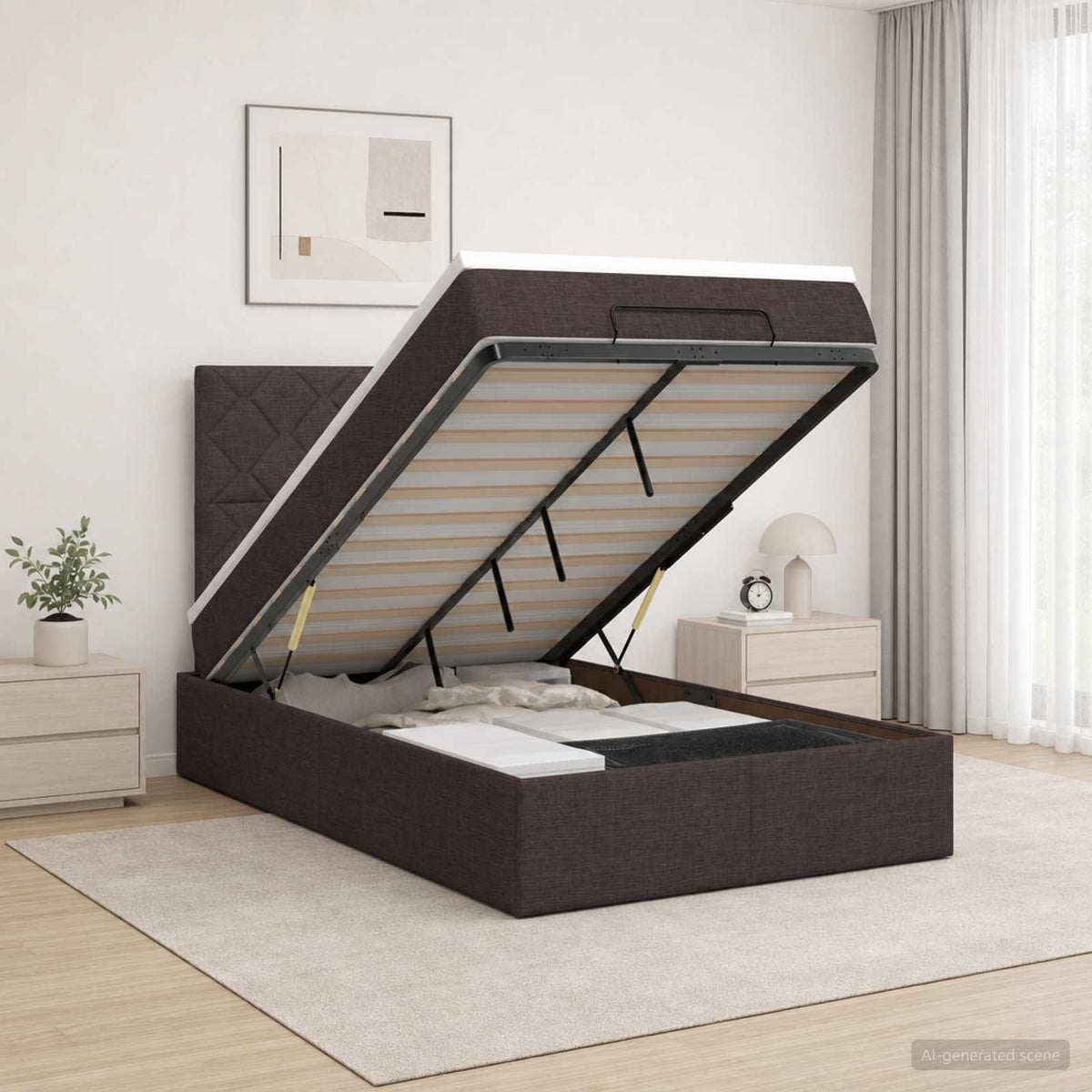 Lit coffre avec matelas et LED Marron foncé 120 x 190 cm Tissu
