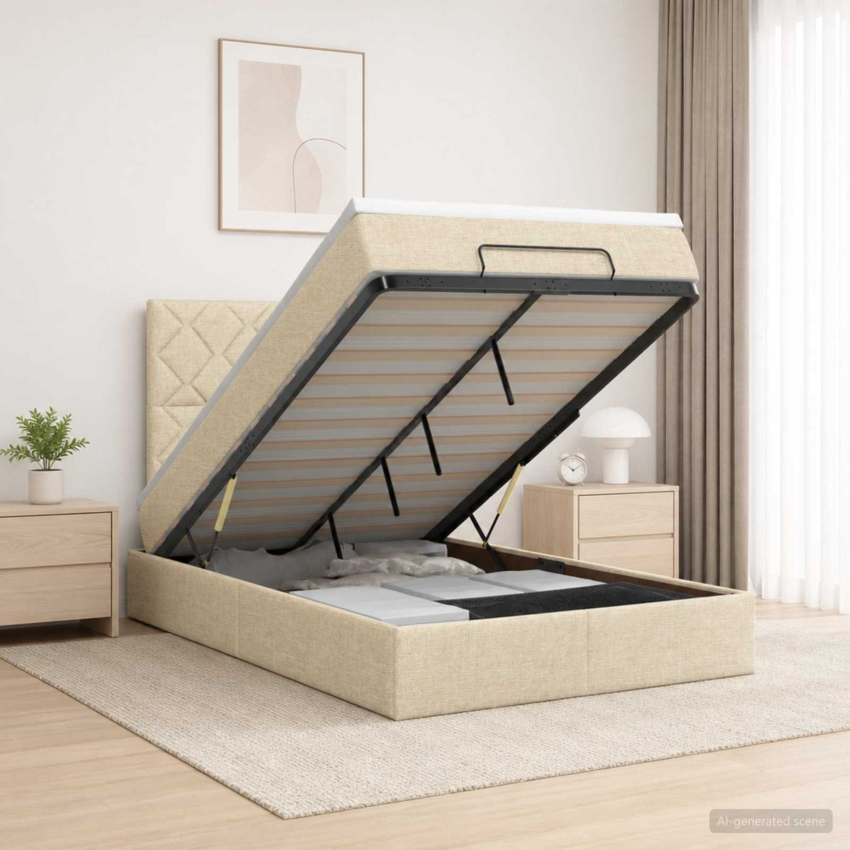 Lit coffre avec matelas et LED Crème 120 x 200 cm Tissu
