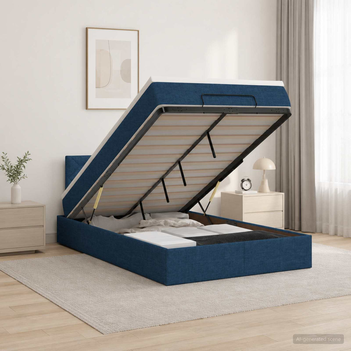 Lit coffre avec matelas et LED Bleu 120 x 190 cm Tissu