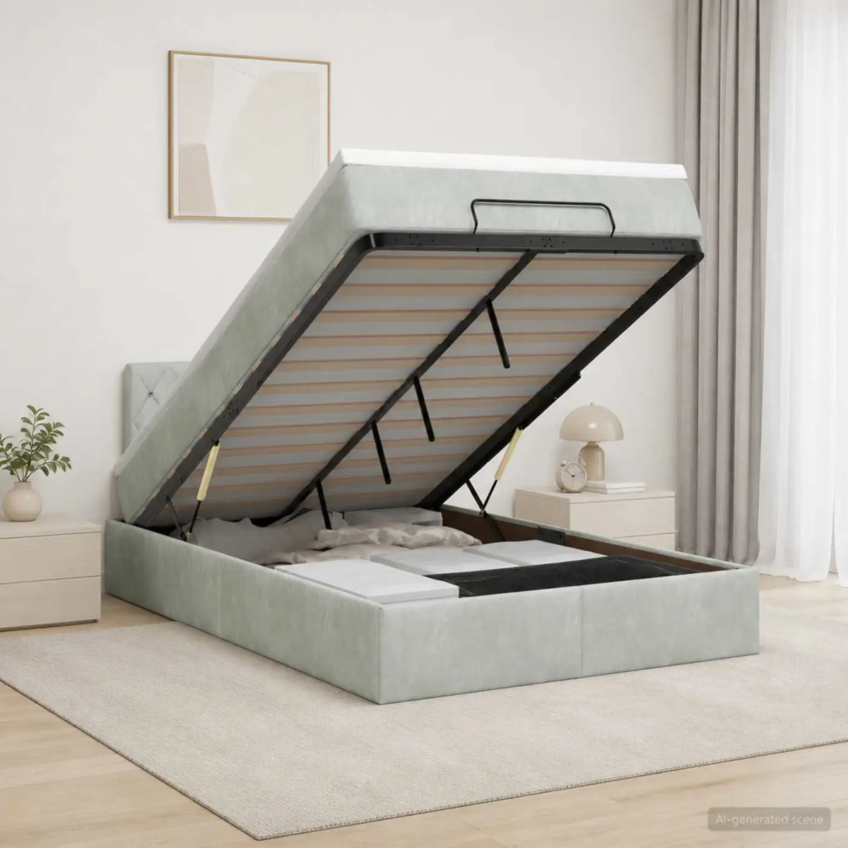 Lit coffre avec matelas et LED Gris clair 120 x 190 cm Velours - XIOS