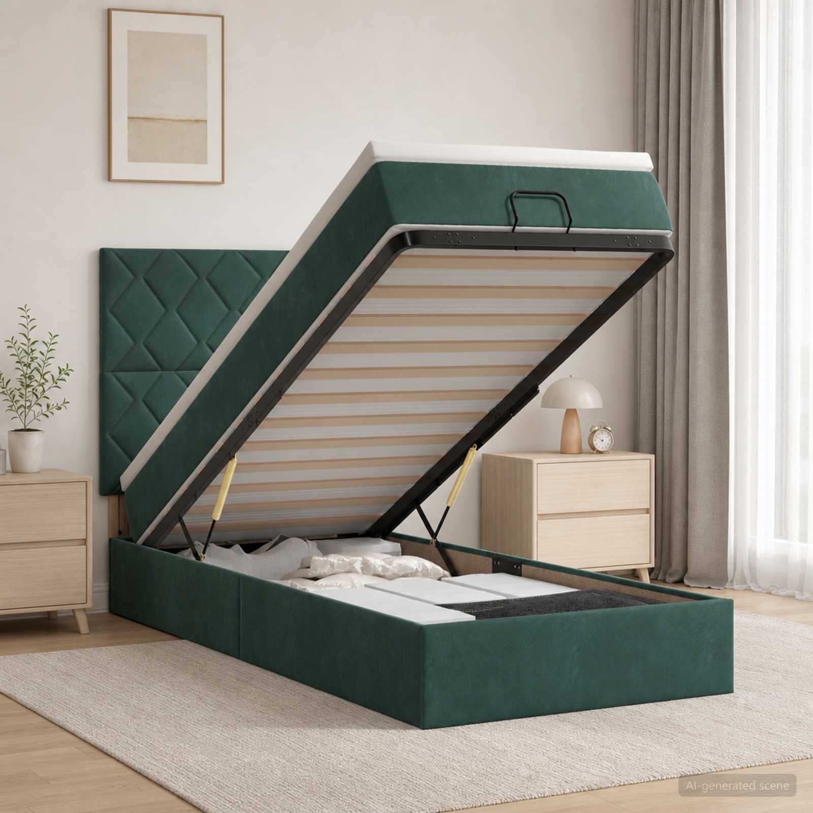 Lit coffre avec matelas et LED Vert foncé 100 x 200 cm Velours