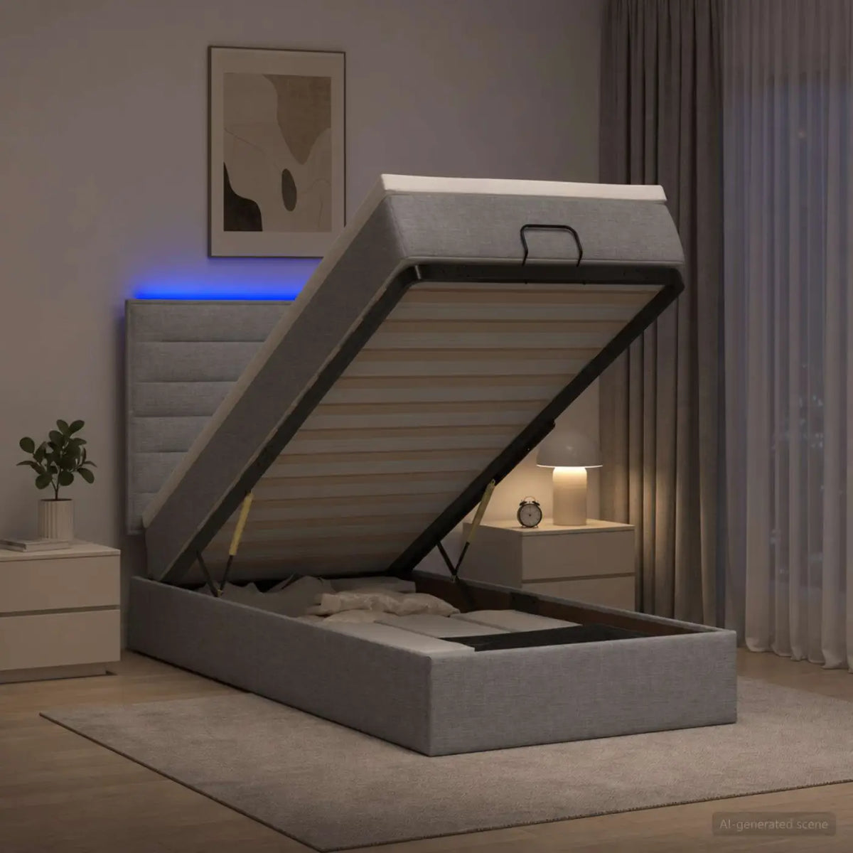 Lit coffre avec matelas et LED Gris clair 90 x 190 cm Tissu - XIOS