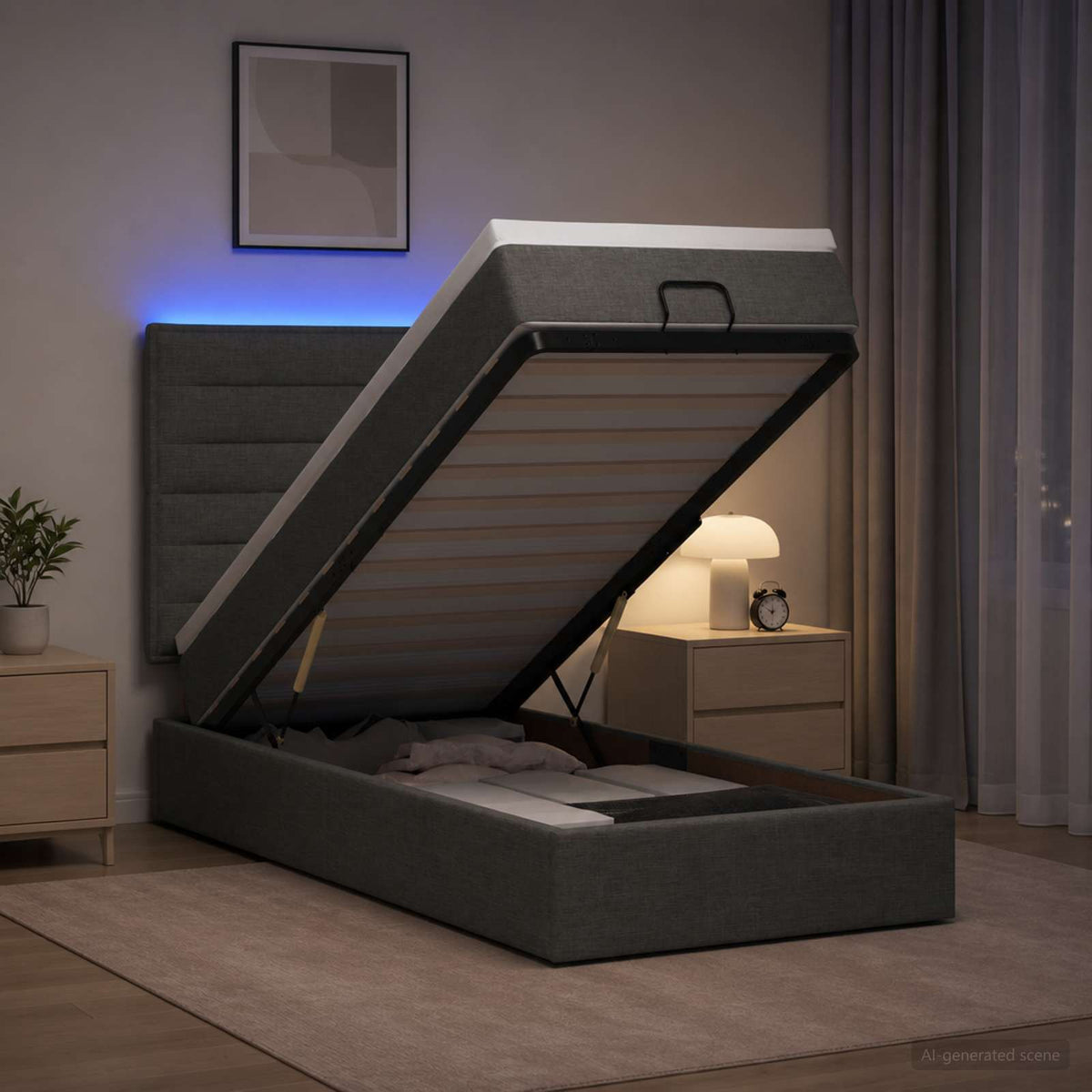 Lit coffre avec matelas et LED Gris foncé 100 x 200 cm Tissu