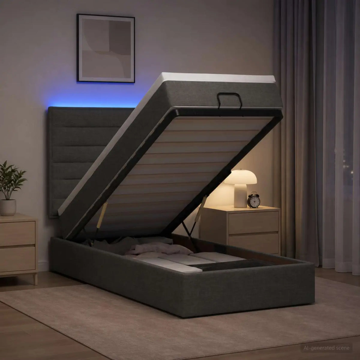 Lit coffre avec matelas et LED Gris foncé 90 x 190 cm Tissu - XIOS