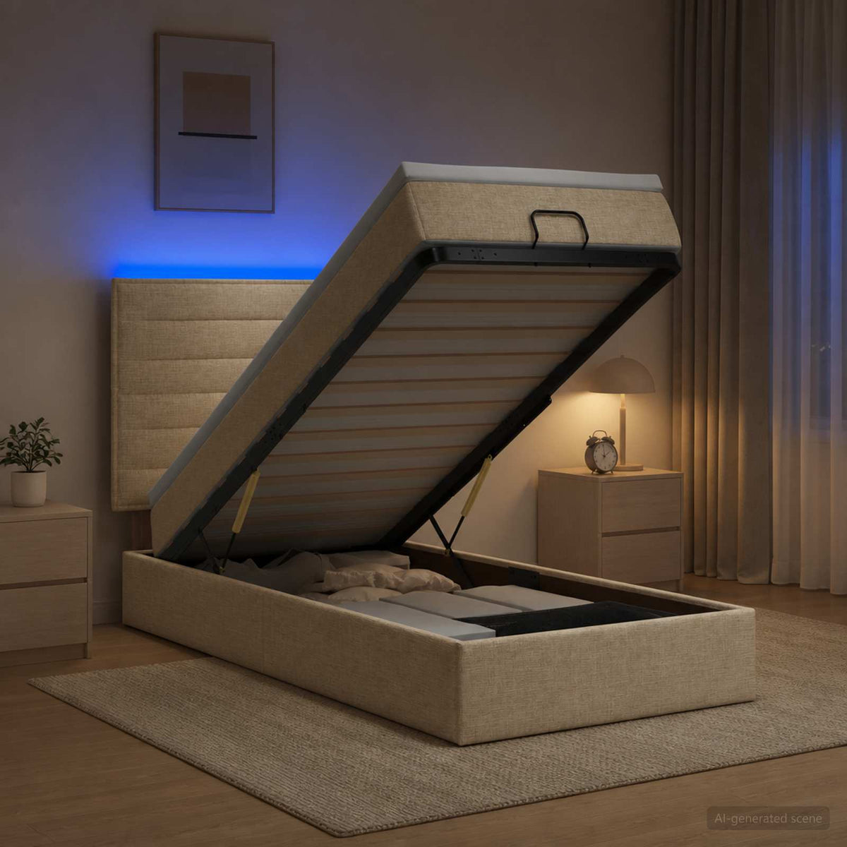Lit coffre avec matelas et LED Crème 90 x 190 cm Tissu