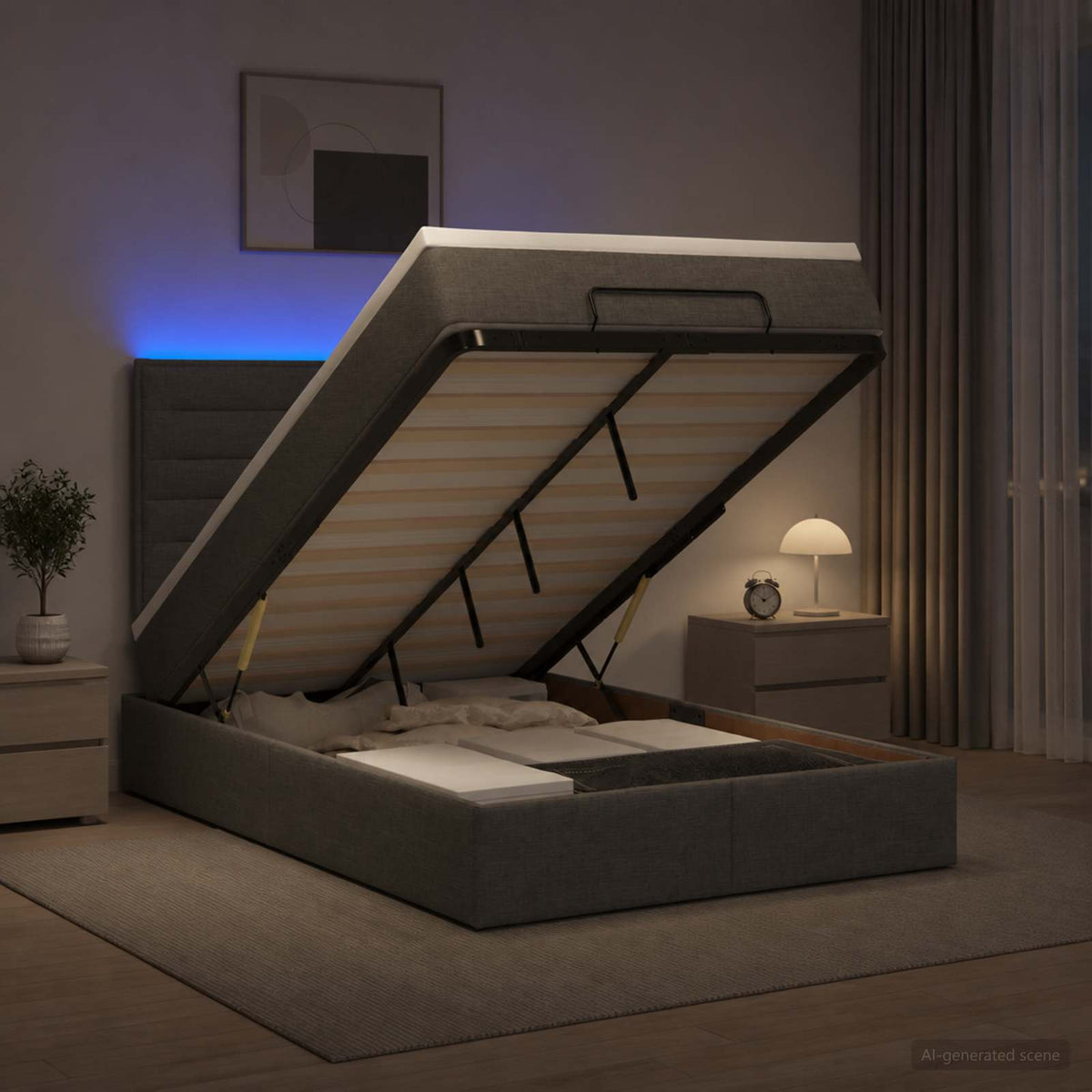 Lit coffre avec matelas et LED Gris foncé 120 x 190 cm Tissu