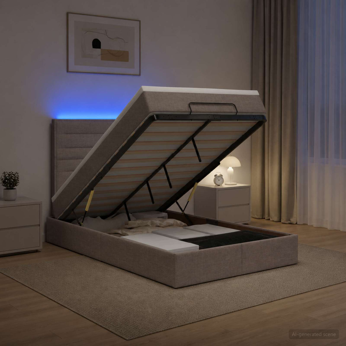 Lit coffre avec matelas et LED Taupe 120 x 190 cm Tissu