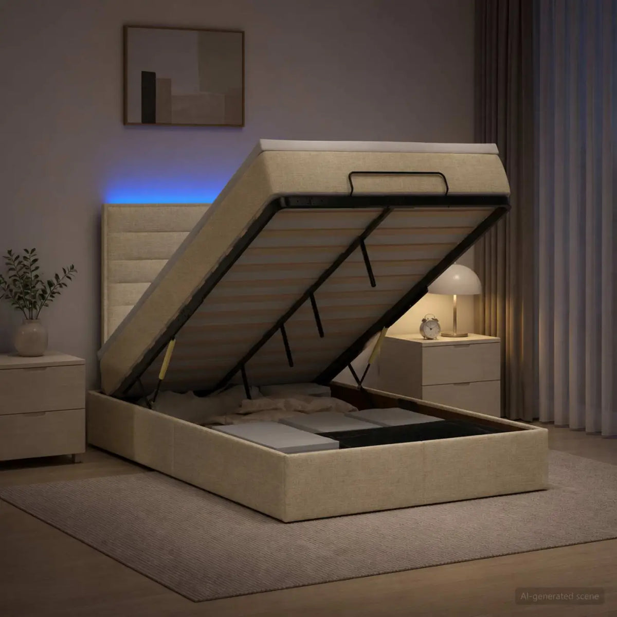 Lit coffre avec matelas et LED Crème 120 x 200 cm Tissu - XIOS