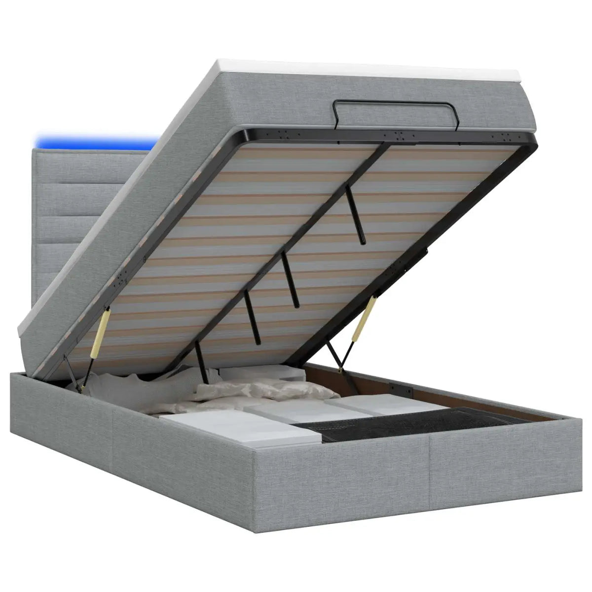 Lit coffre avec matelas et LED Gris clair 120 x 200 cm Tissu - XIOS