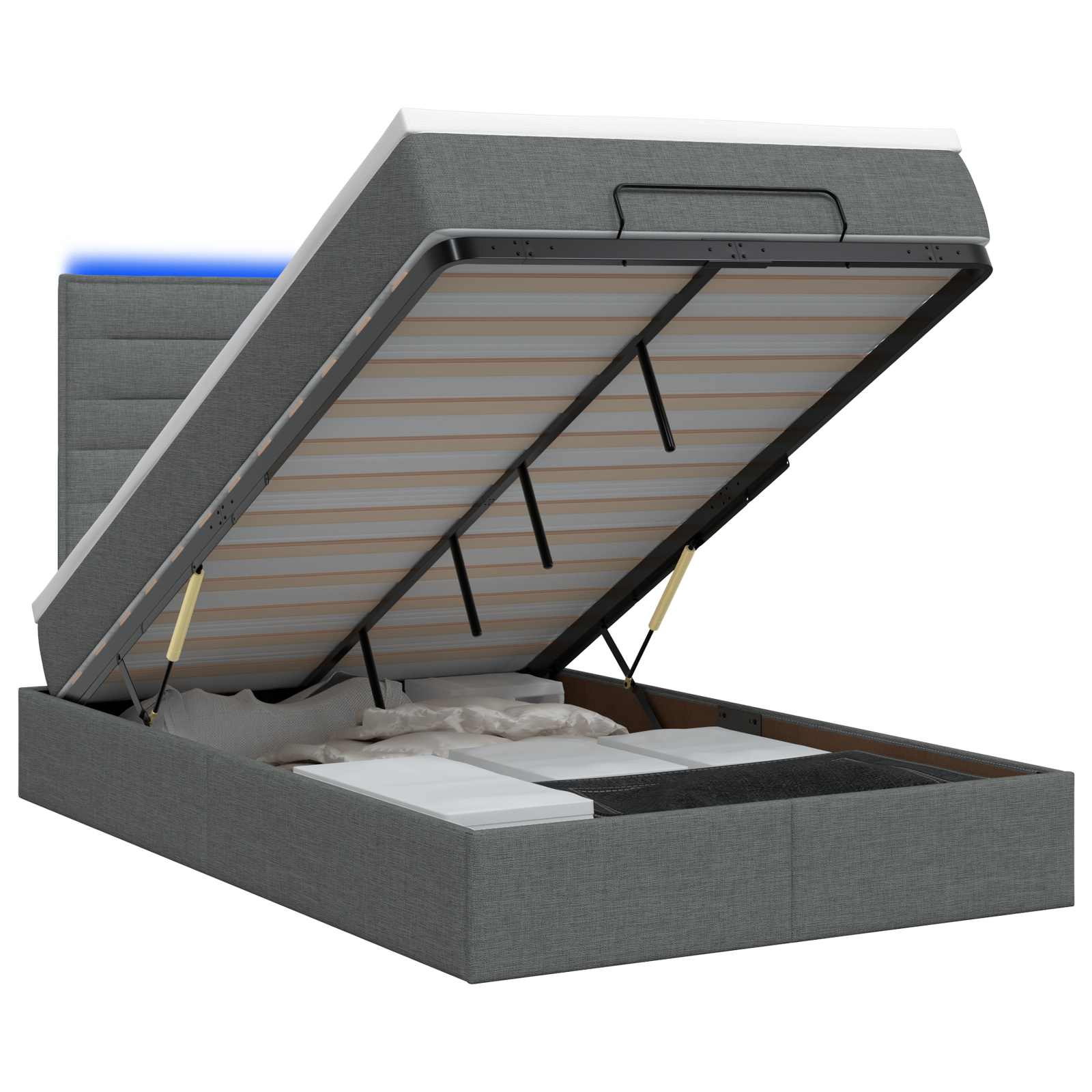 Lit coffre avec matelas et LED Gris foncé 120 x 200 cm Tissu