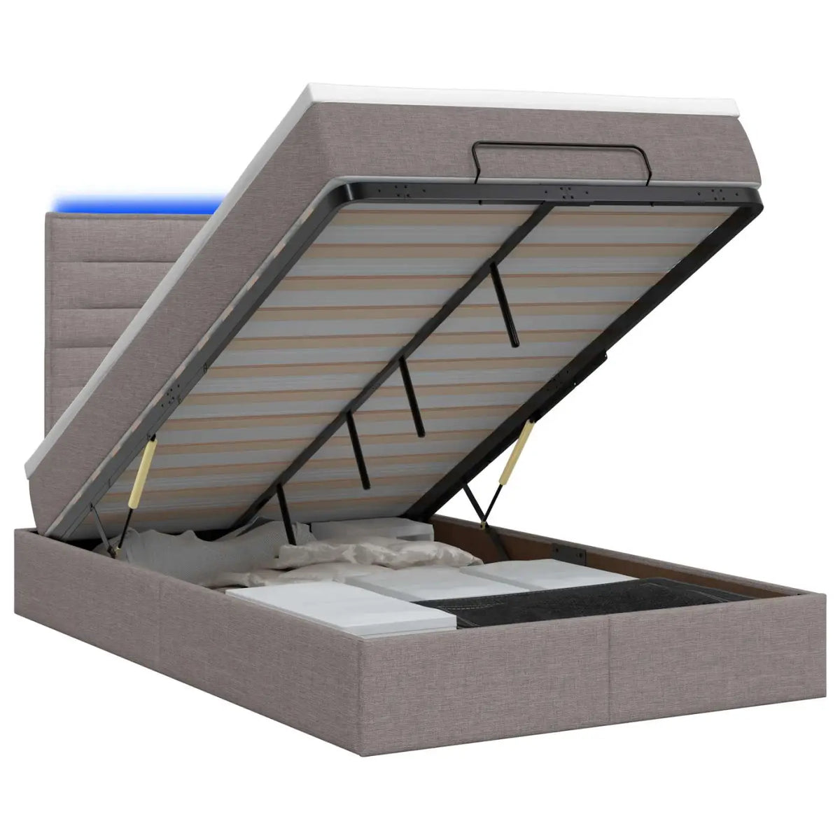 Lit coffre avec matelas et LED Taupe 120 x 200 cm Tissu - XIOS