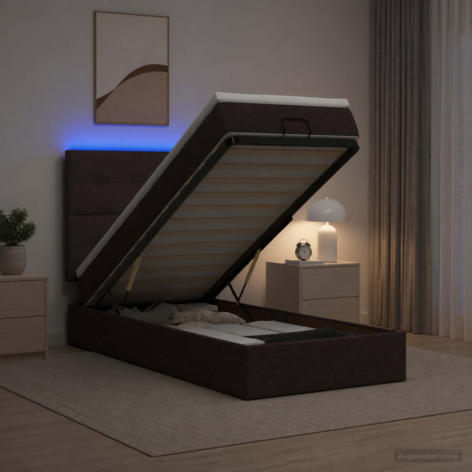 Lit coffre avec matelas et LED Marron foncé 100 x 200 cm Tissu - XIOS