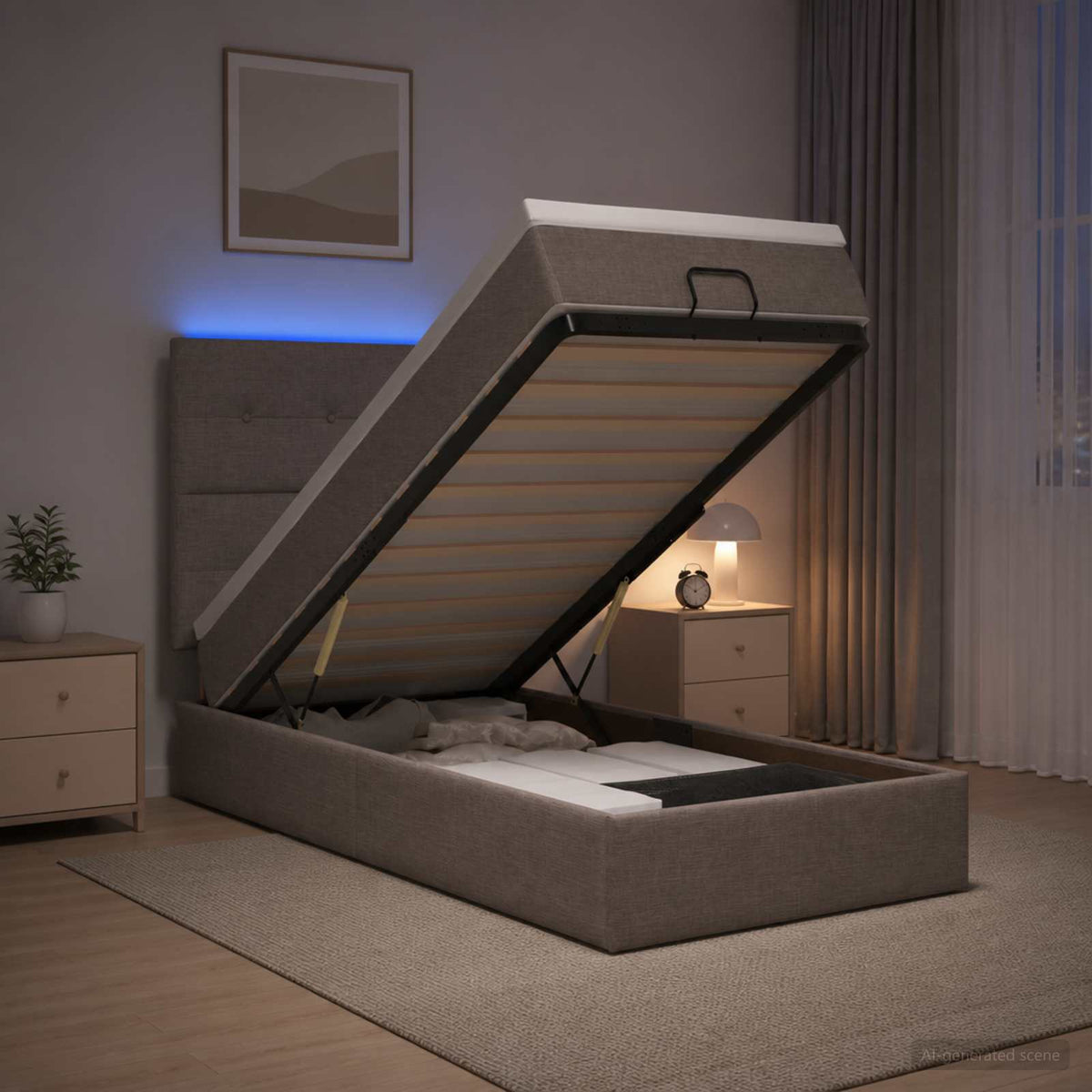 Lit coffre avec matelas et LED Taupe 100 x 200 cm Tissu