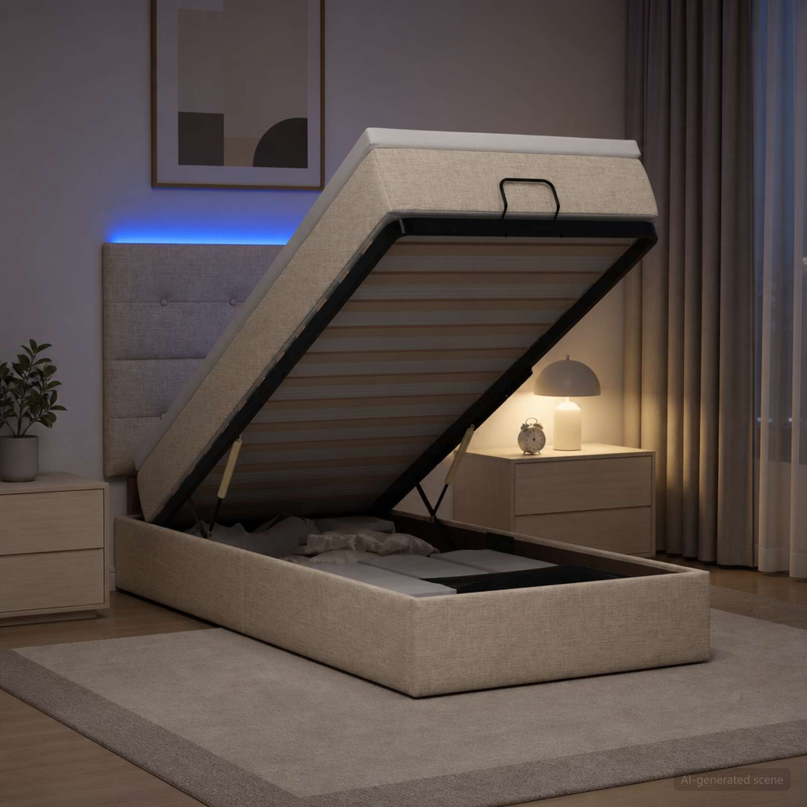 Lit coffre avec matelas et LED Crème 100 x 200 cm Tissu - XIOS