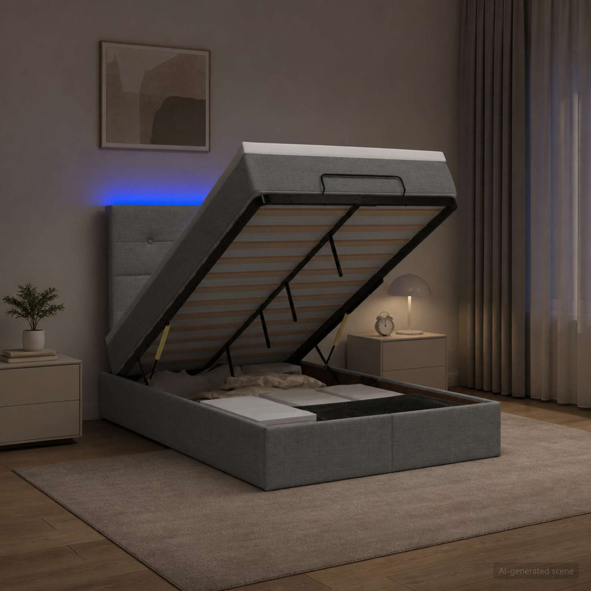 Lit coffre avec matelas et LED Gris clair 120 x 200 cm Tissu