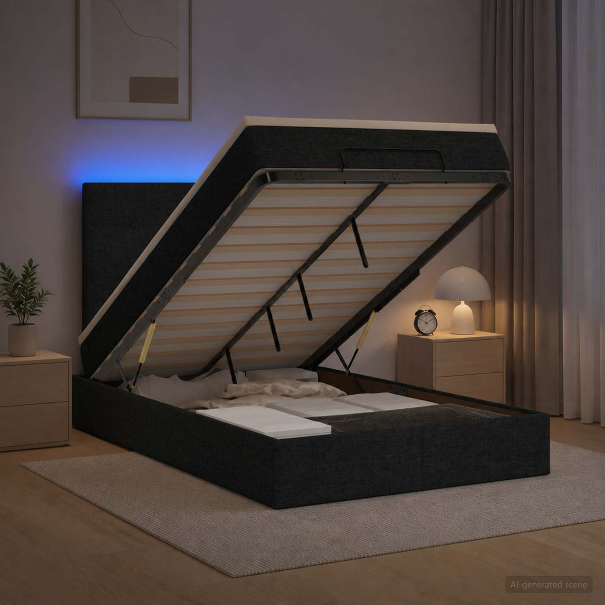 Lit coffre avec matelas et LED Noir 120 x 200 cm Tissu