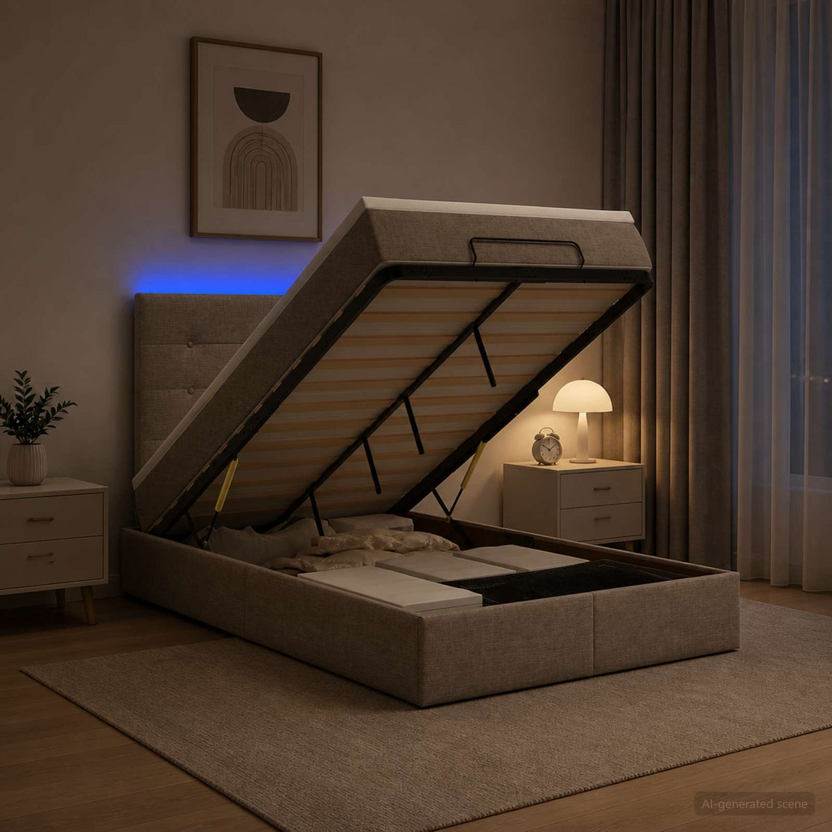 Lit coffre avec matelas et LED Taupe 120 x 190 cm Tissu