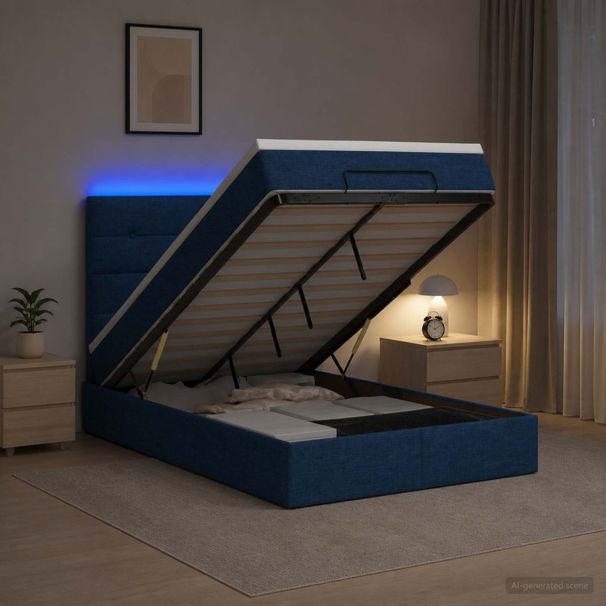 Lit coffre avec matelas et LED Bleu 120 x 200 cm Tissu