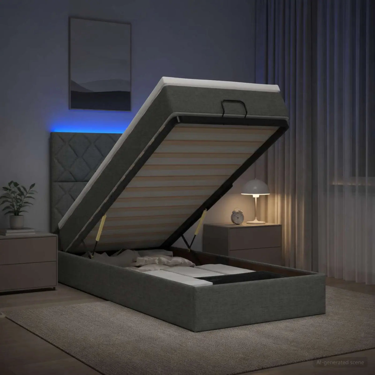Lit coffre avec matelas et LED Gris foncé 90 x 200 cm Tissu - XIOS