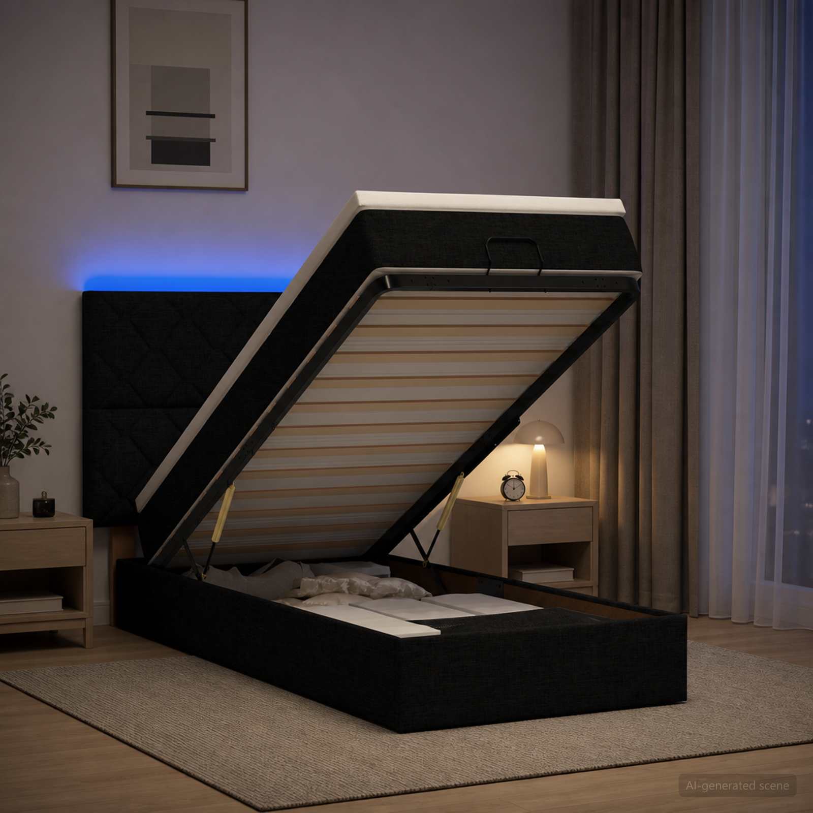 Lit coffre avec matelas et LED Noir 90 x 200 cm Tissu