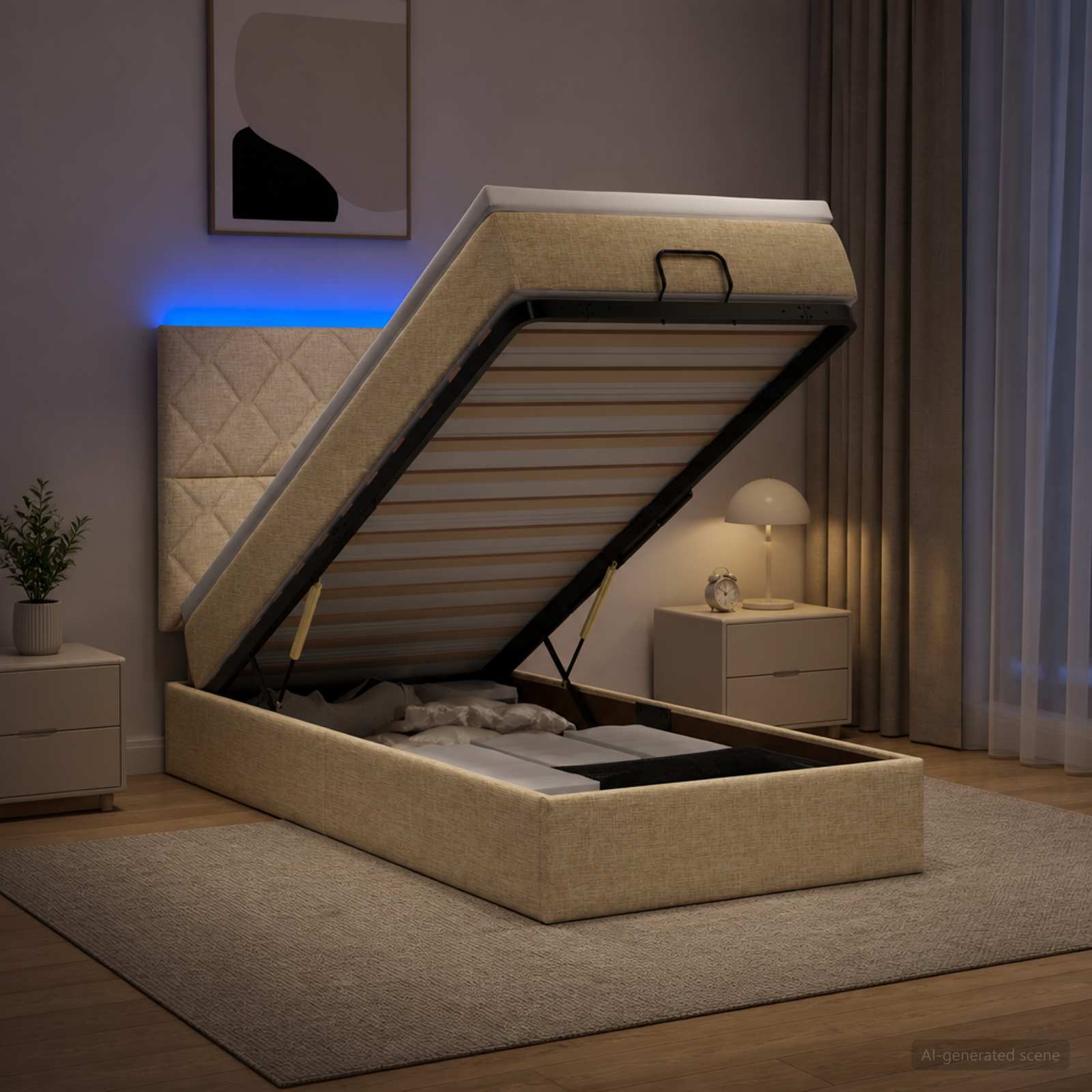 Lit coffre avec matelas et LED Crème 90 x 190 cm Tissu