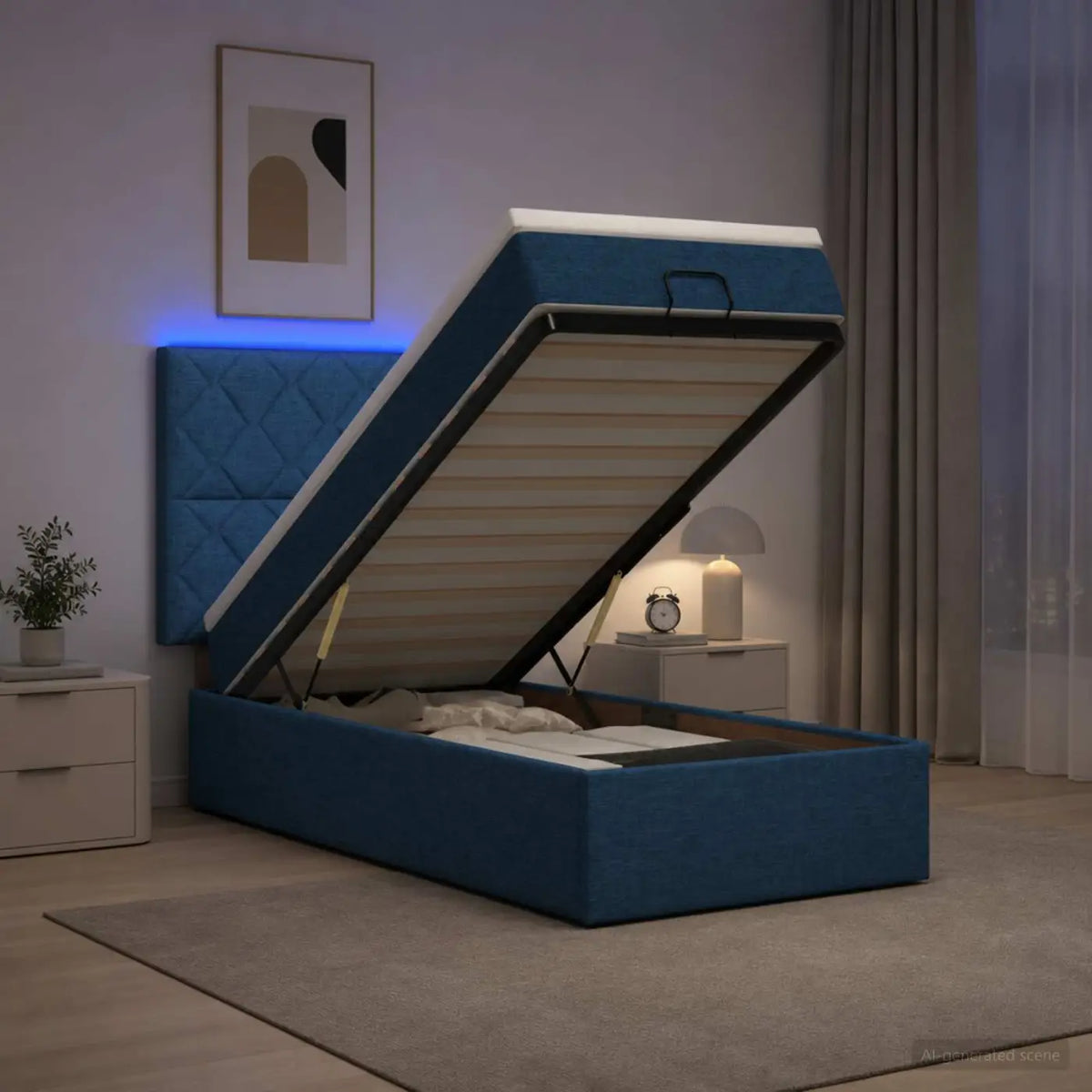 Lit coffre avec matelas et LED Bleu 80 x 200 cm Tissu - XIOS