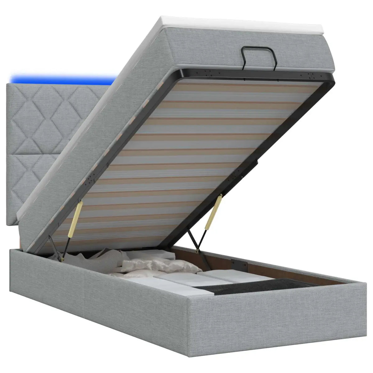 Lit coffre avec matelas et LED Gris clair 90 x 190 cm Tissu - XIOS