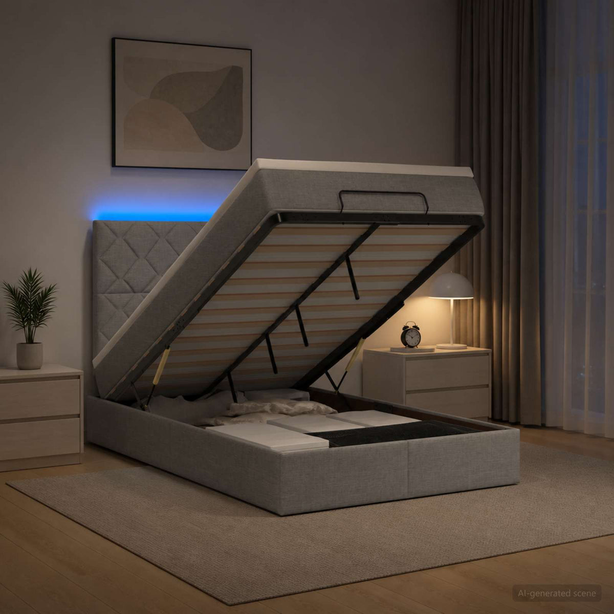 Lit coffre avec matelas et LED Gris clair 120 x 200 cm Tissu