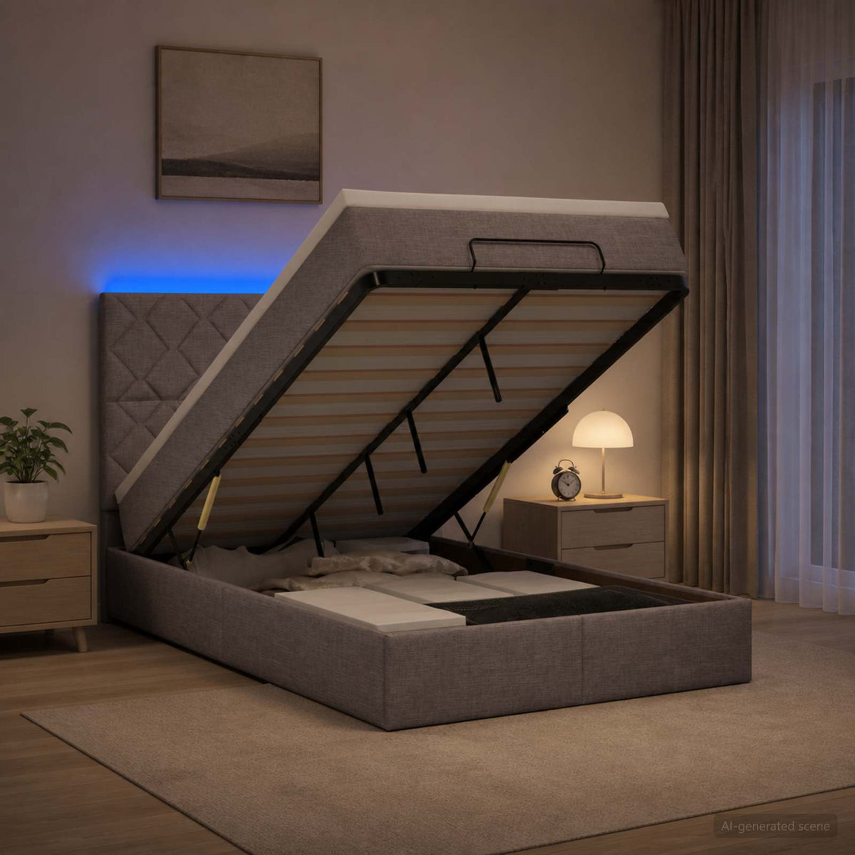 Lit coffre avec matelas et LED Taupe 120 x 200 cm Tissu