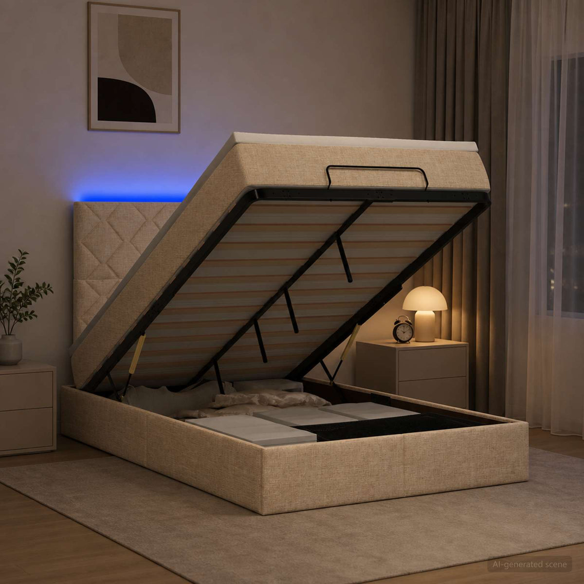 Lit coffre avec matelas et LED Crème 120 x 190 cm Tissu