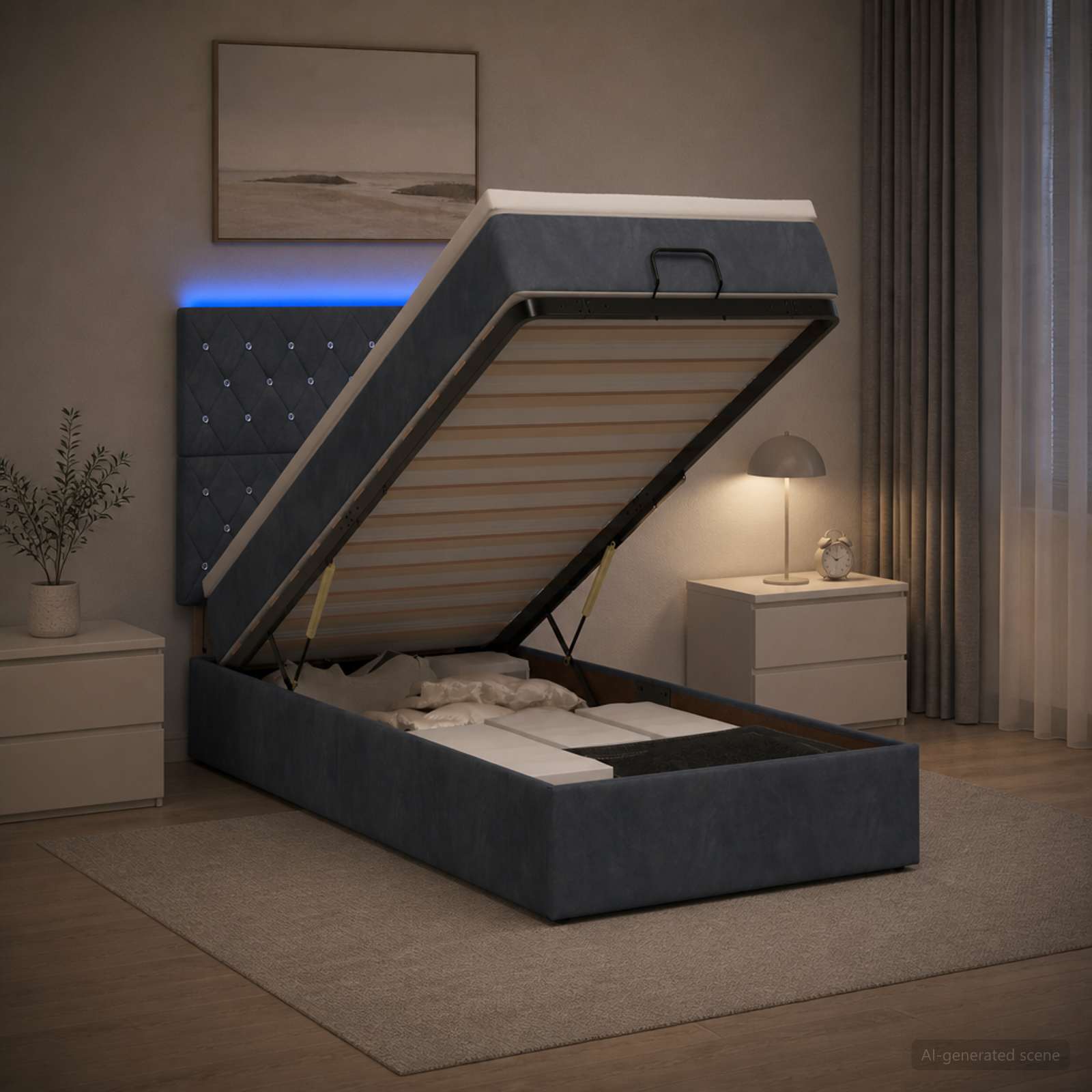 Lit coffre avec matelas et LED Gris foncé 100 x 200 cm Velours - XIOS