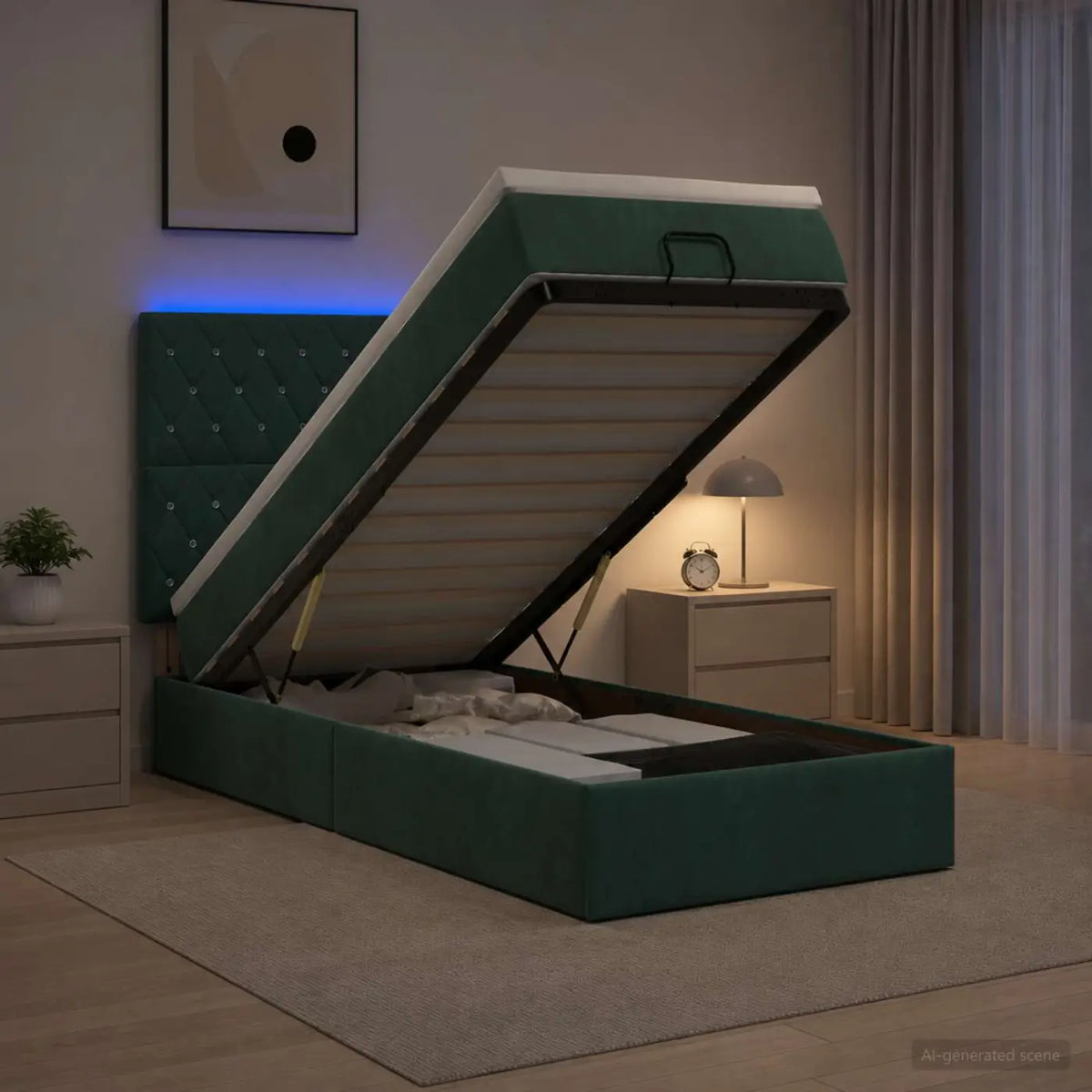 Lit coffre avec matelas et LED Vert foncé 90 x 200 cm Velours - XIOS