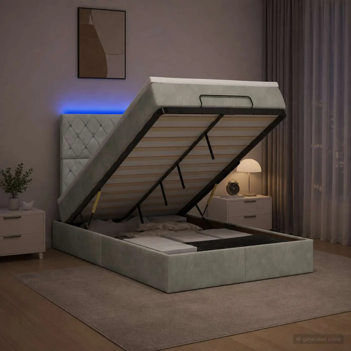 Lit coffre avec matelas et LED Gris clair 120 x 190 cm Velours - XIOS