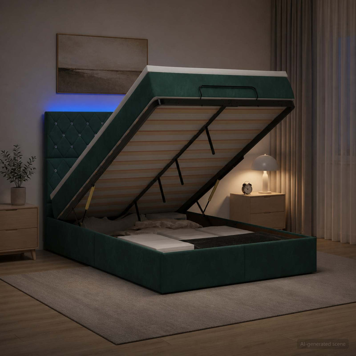 Lit coffre avec matelas et LED Vert foncé 120 x 200 cm Velours
