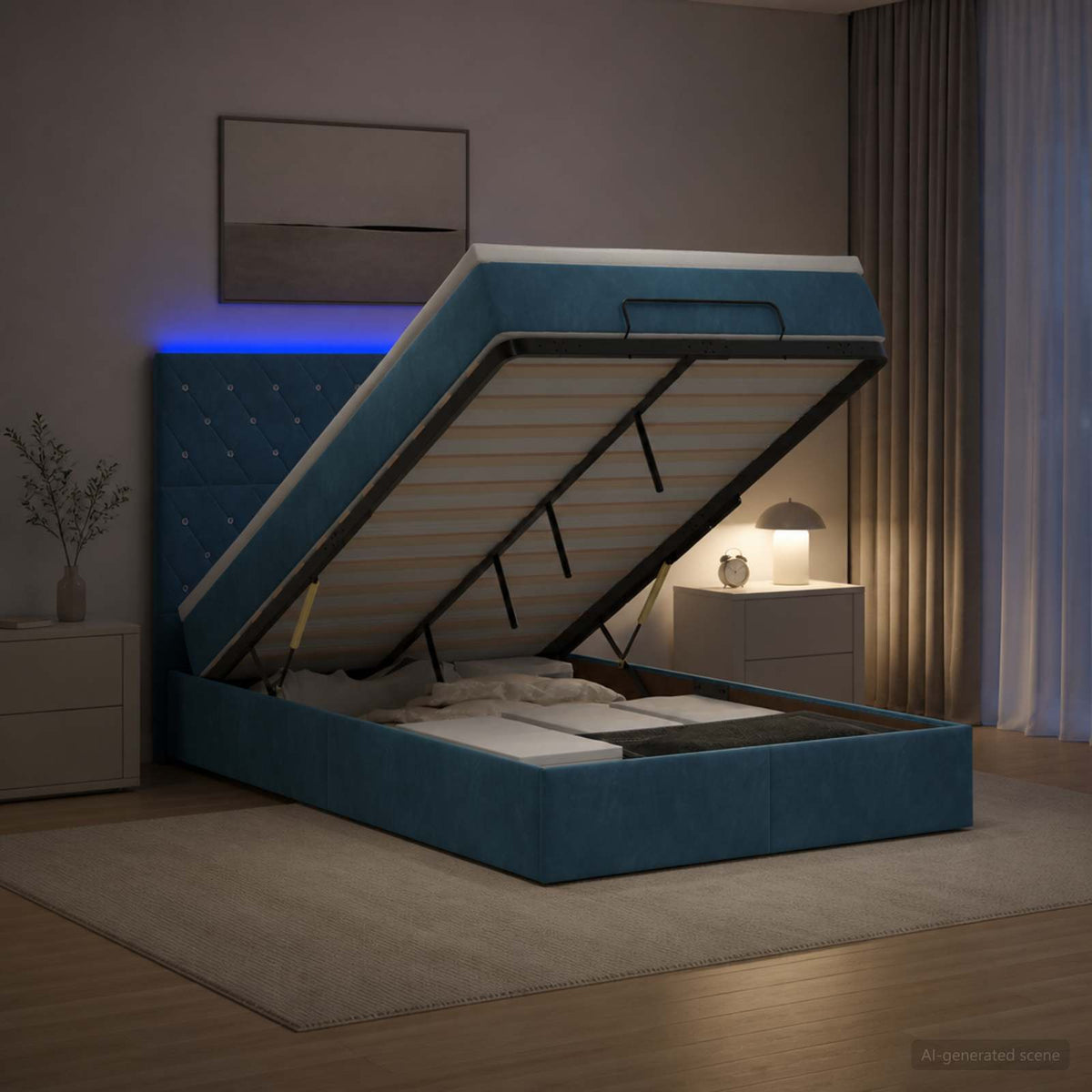Lit coffre avec matelas et LED Bleu foncé 120 x 190 cm Velours