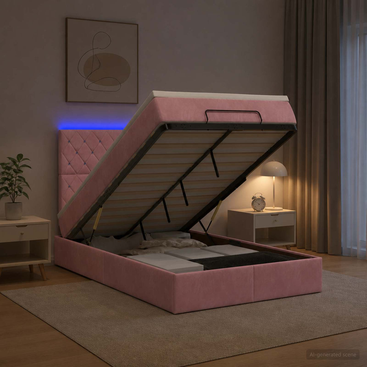Lit coffre avec matelas et LED Rose 120 x 200 cm Velours
