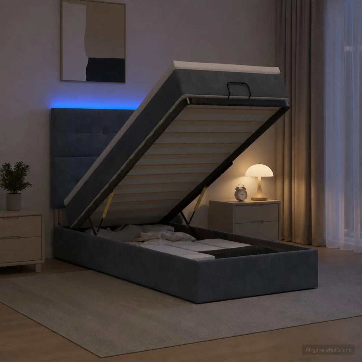 Lit coffre avec matelas et LED Gris foncé 100 x 200 cm Velours - XIOS