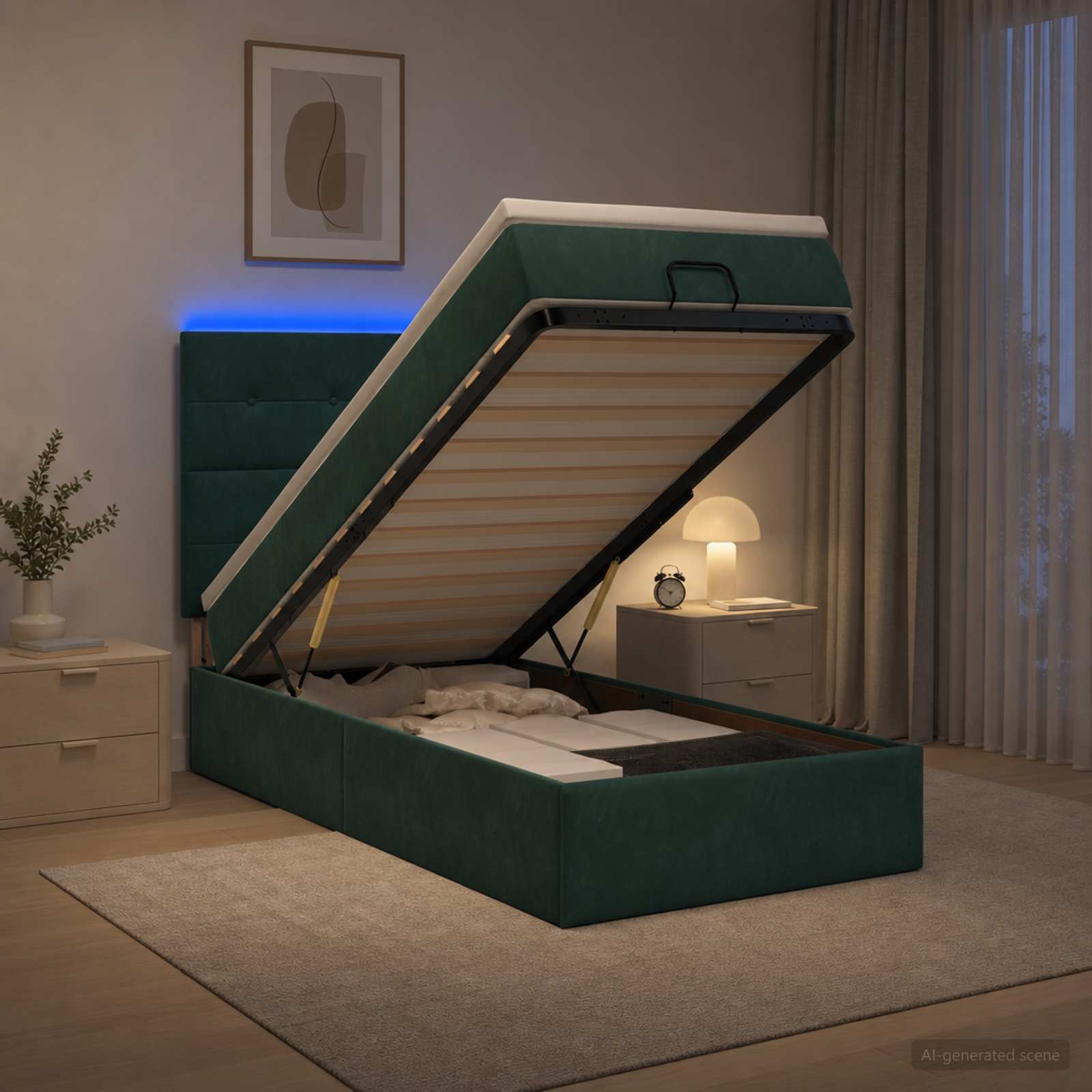 Lit coffre avec matelas et LED Vert foncé 80 x 200 cm Velours