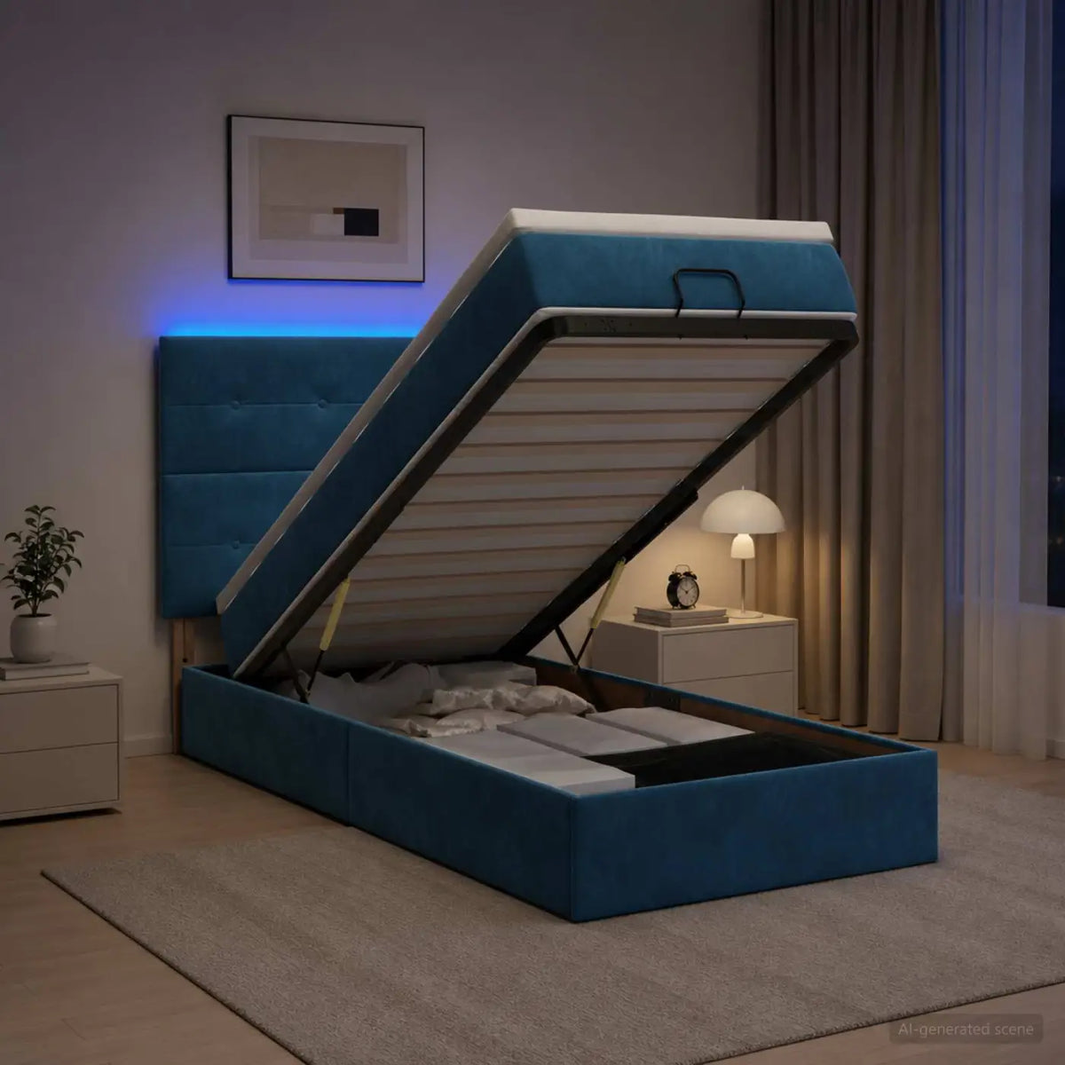 Lit coffre avec matelas et LED Bleu foncé 100 x 200 cm Velours - XIOS