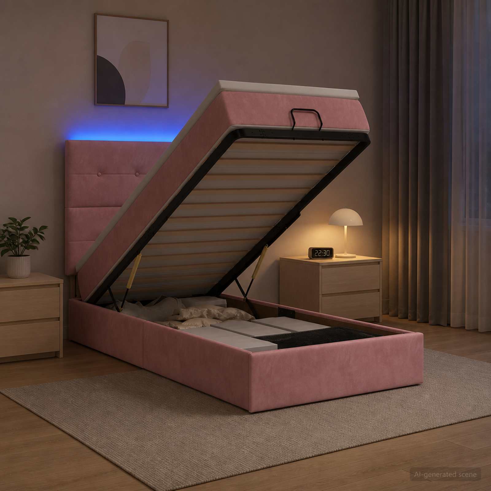 Lit coffre avec matelas et LED Rose 90 x 190 cm Velours