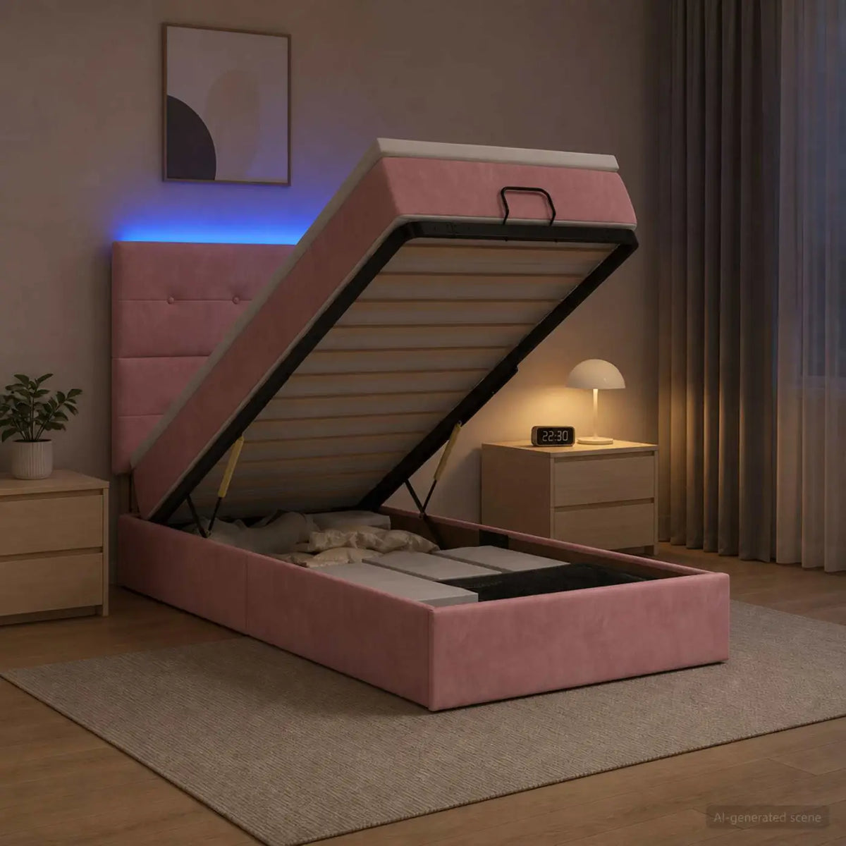 Lit coffre avec matelas et LED Rose 100 x 200 cm Velours - XIOS