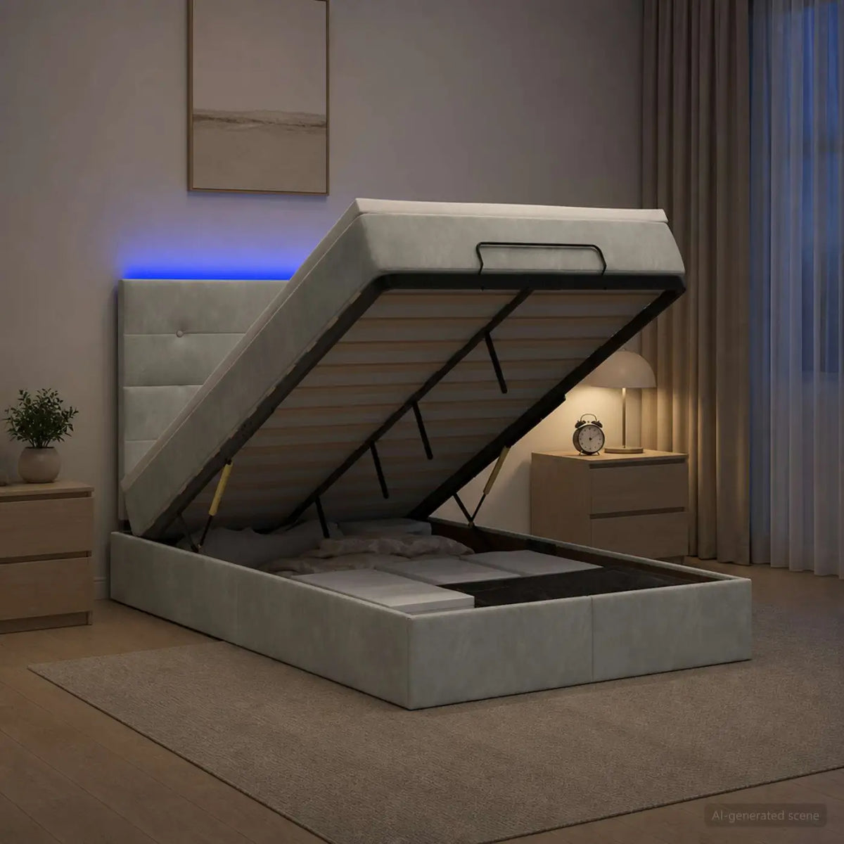 Lit coffre avec matelas et LED Gris clair 120 x 190 cm Velours - XIOS