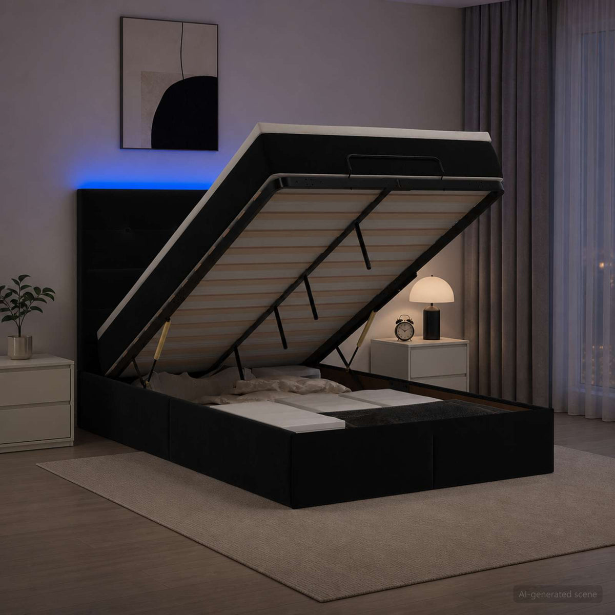 Lit coffre avec matelas et LED Noir 120 x 190 cm Velours