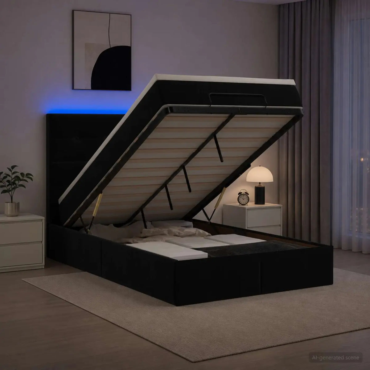 Lit coffre avec matelas et LED Noir 120 x 200 cm Velours - XIOS