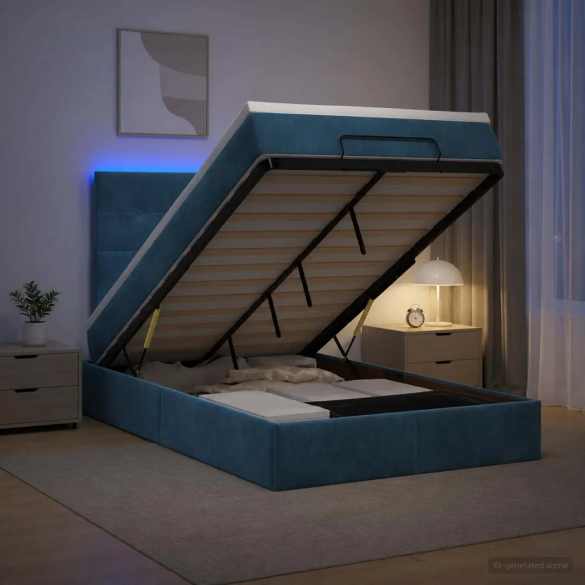Lit coffre avec matelas et LED Bleu foncé 120 x 200 cm Velours - XIOS