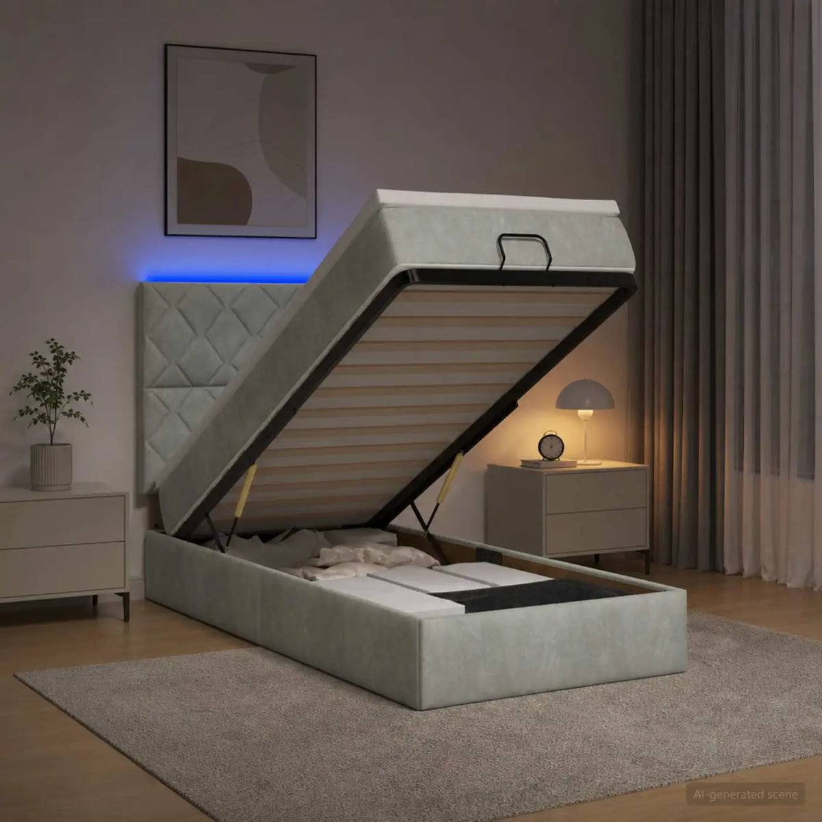 Lit coffre avec matelas et LED Gris clair 80 x 200 cm Velours - XIOS