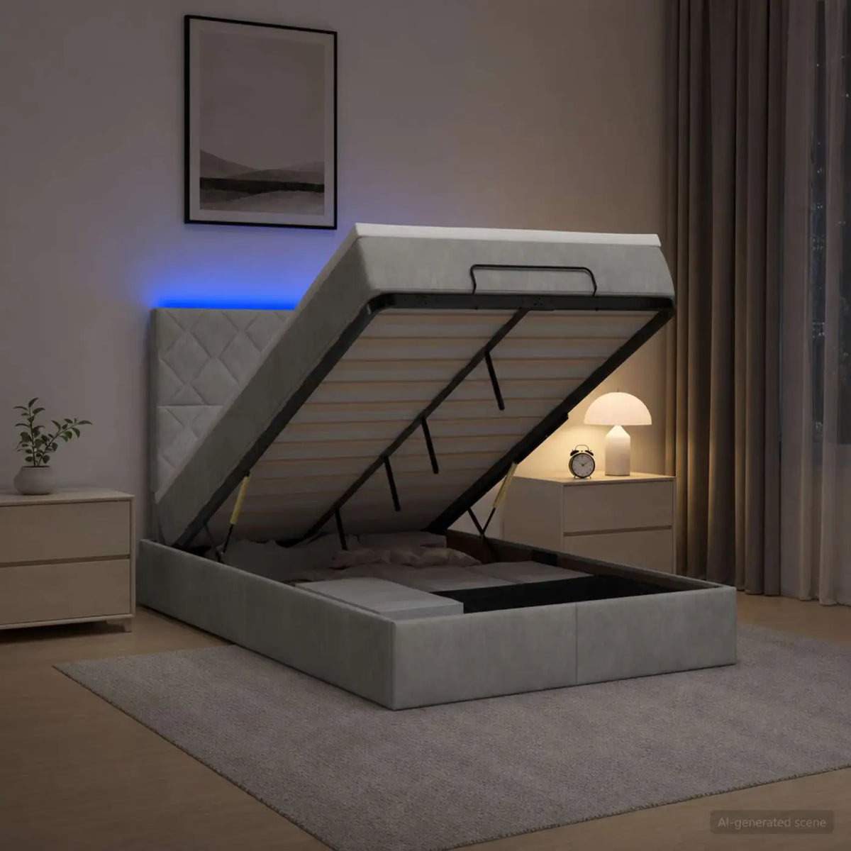 Lit coffre avec matelas et LED Gris clair 120 x 200 cm Velours - XIOS